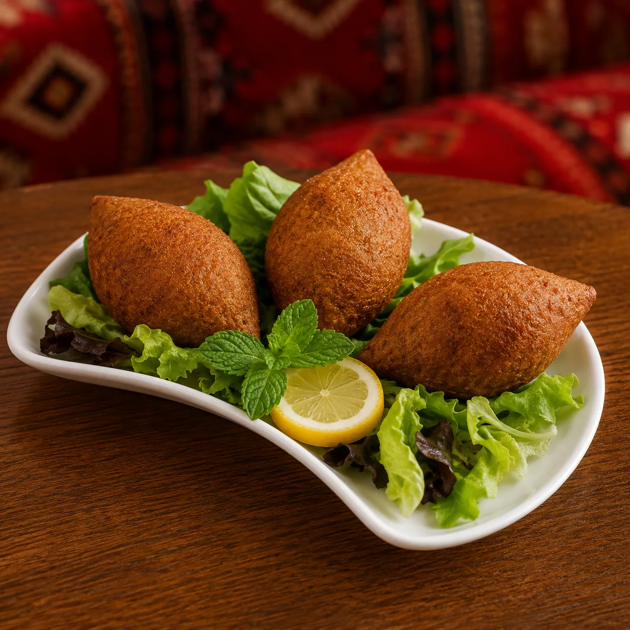 Hand-formed fried kibbeh served with lemon and fresh mint